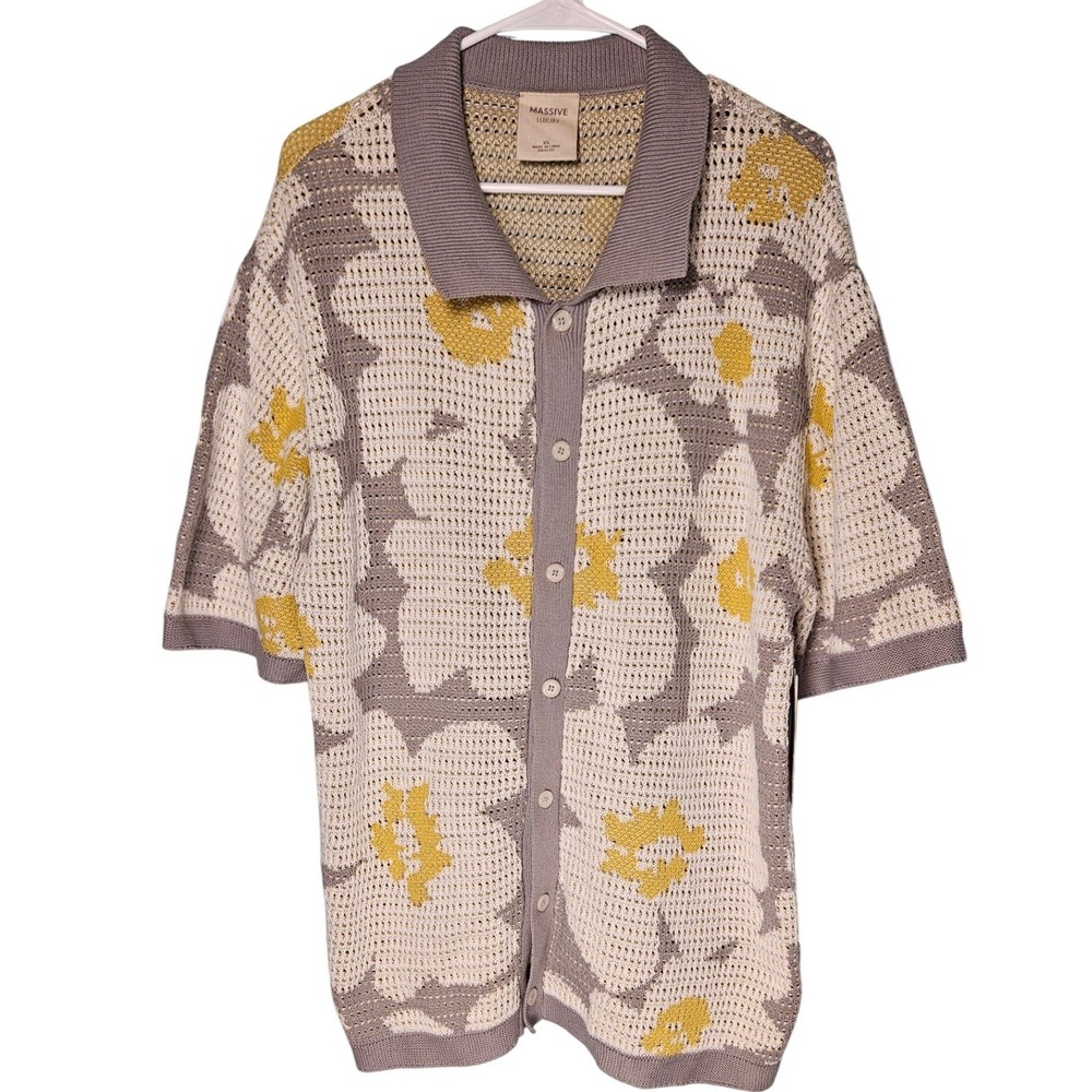 Massive Luxury Mens XL Floral Knit Crochet Button Up Collared Sweater Boho NEW